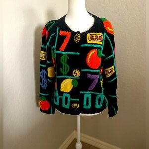 Vintage Michael Simon embroidered slots themed sweater